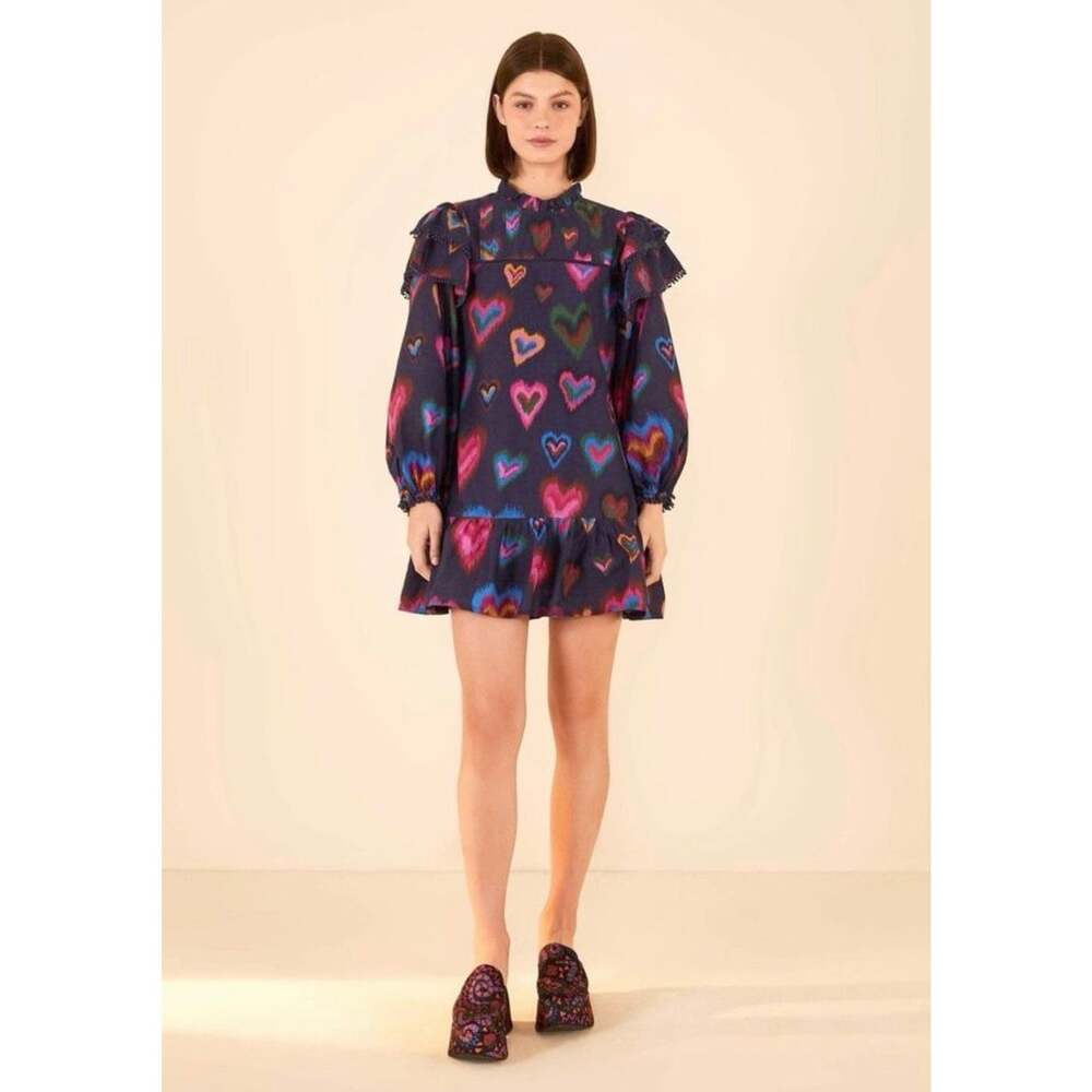 FARM Rio Navy Blue Ikat Dyed Hearts Medium Mini Dress